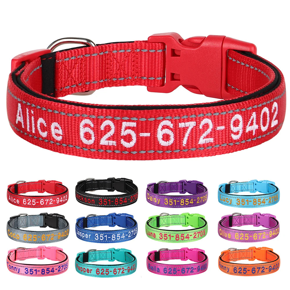 🦴 Custom Embroidered Reflective Dog Collar – Personalized Pet ID Name Nylon Collar for Small, Medium & Large Dogs