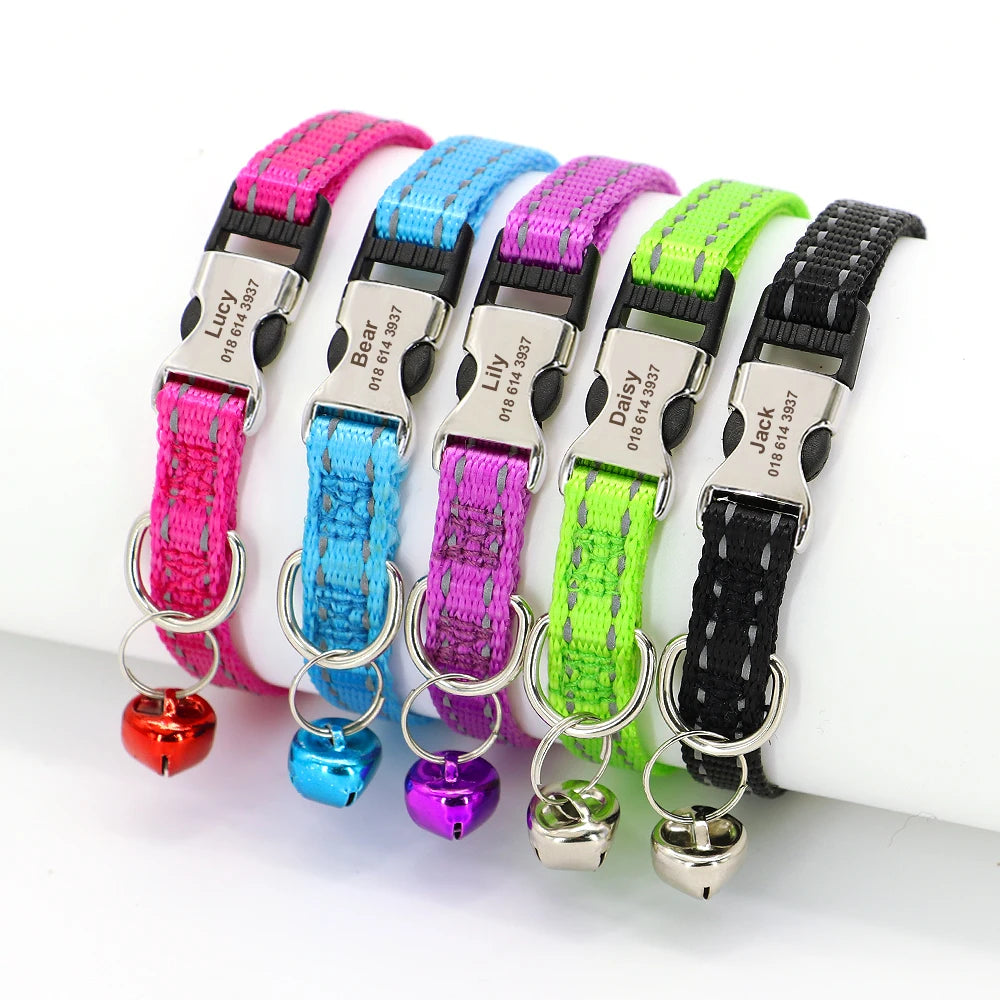 Personalized Pet Cat Collar Reflective Nylon Puppy Cat Collars Custom Engraved Pet Kitten Collar With Bell For Small Dogs Cats