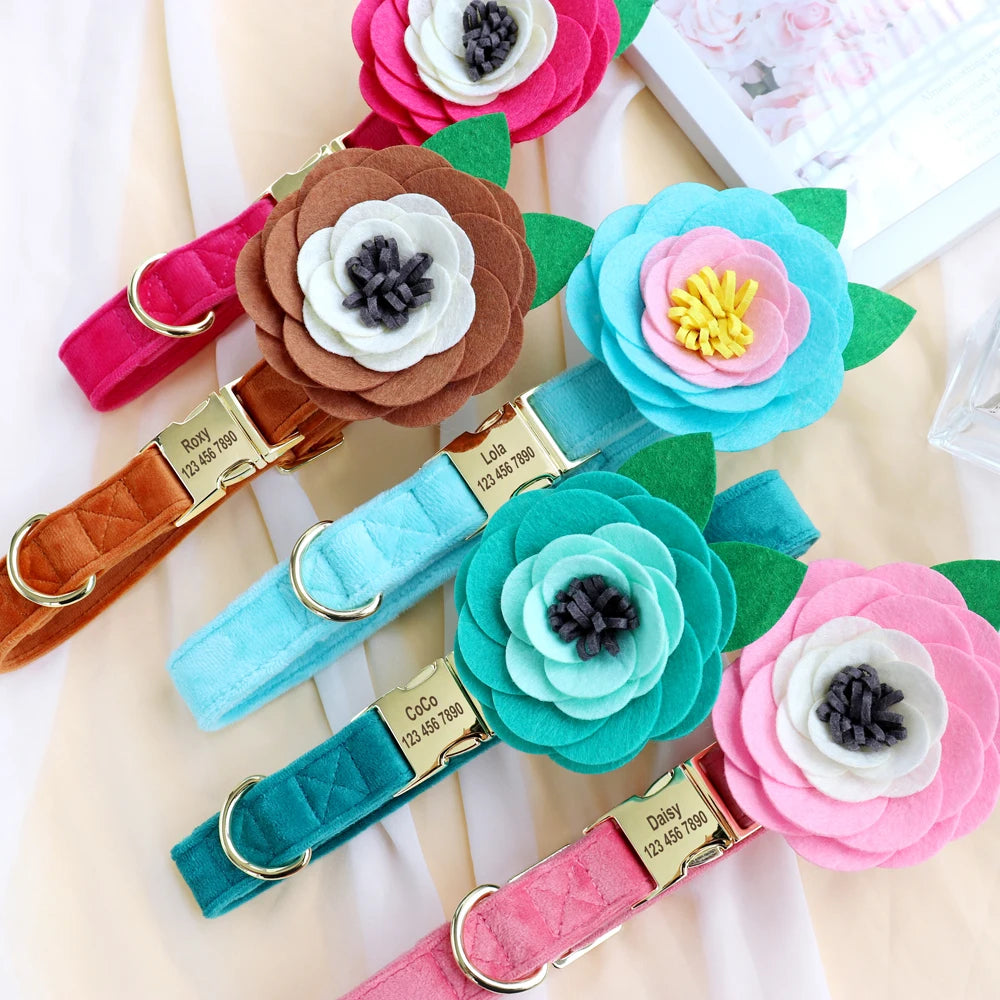 Personalized Floral Dog Collar – Custom Engraved Buckle with Cute Flower Accessory for Dogs & Cats