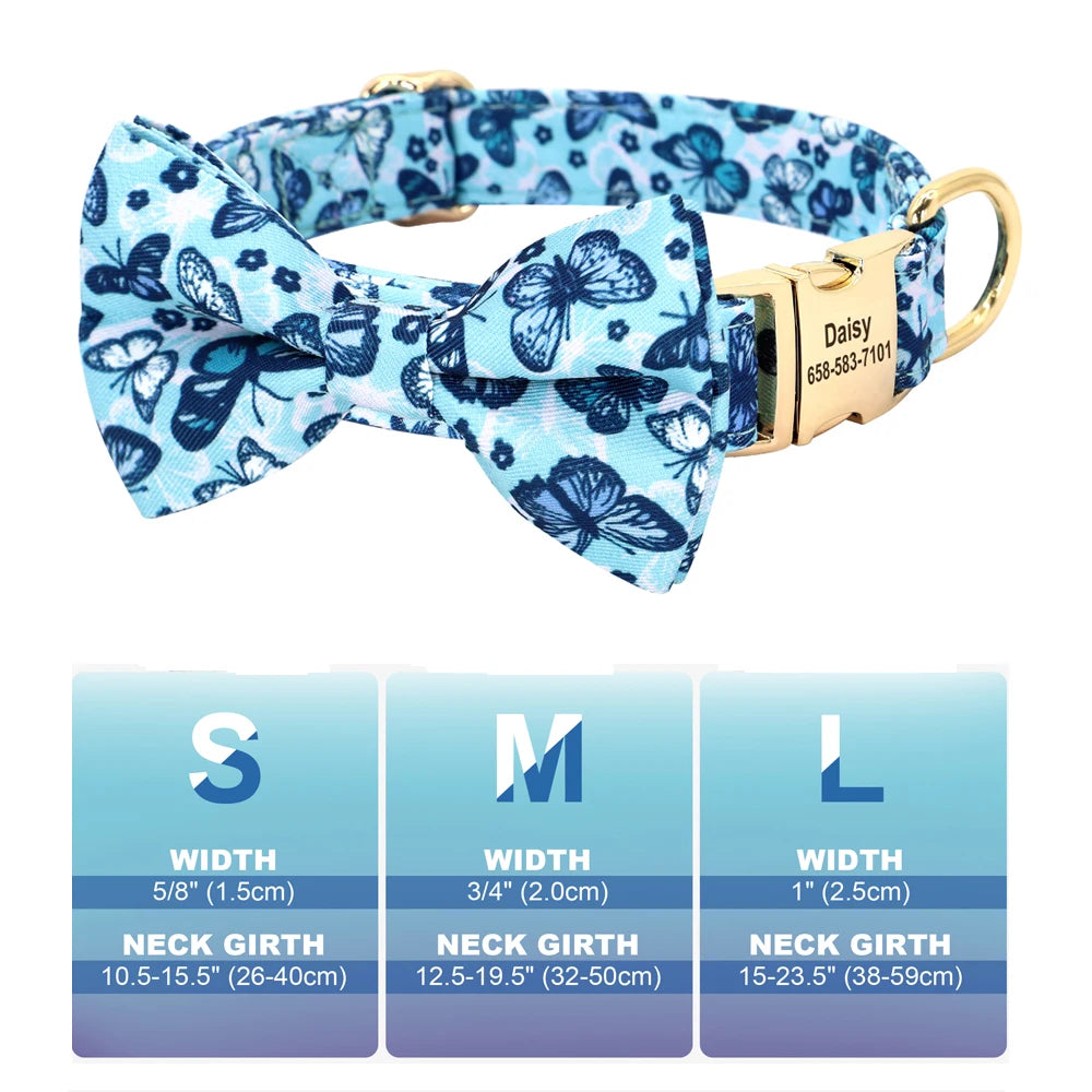Custom Bowtie Dog Collar – Personalized Floral ID Tag with Engraved Name & Phone Number