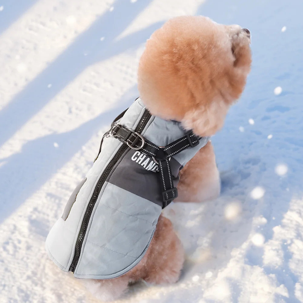 Waterproof Winter Dog Jacket with Built-In Harness & Reflective Belt