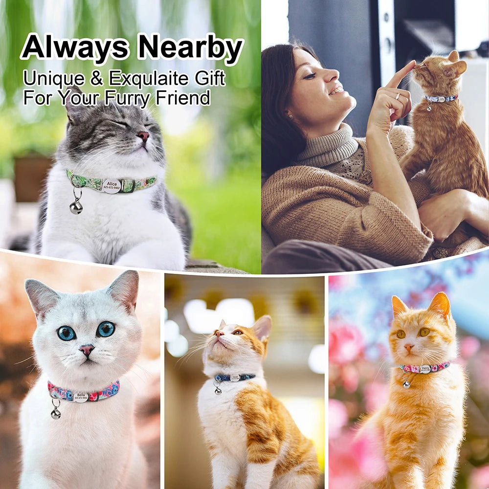 Personalized Cat/Puppy Collar with Engraved Nameplate & Bell – Adjustable Floral Design (Blue, Green, Pink, Red, Rose)