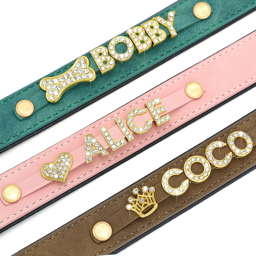 Custom Dog Name Collar – Bling Rhinestone Leather Collar with Free Charms & Personalized Letters