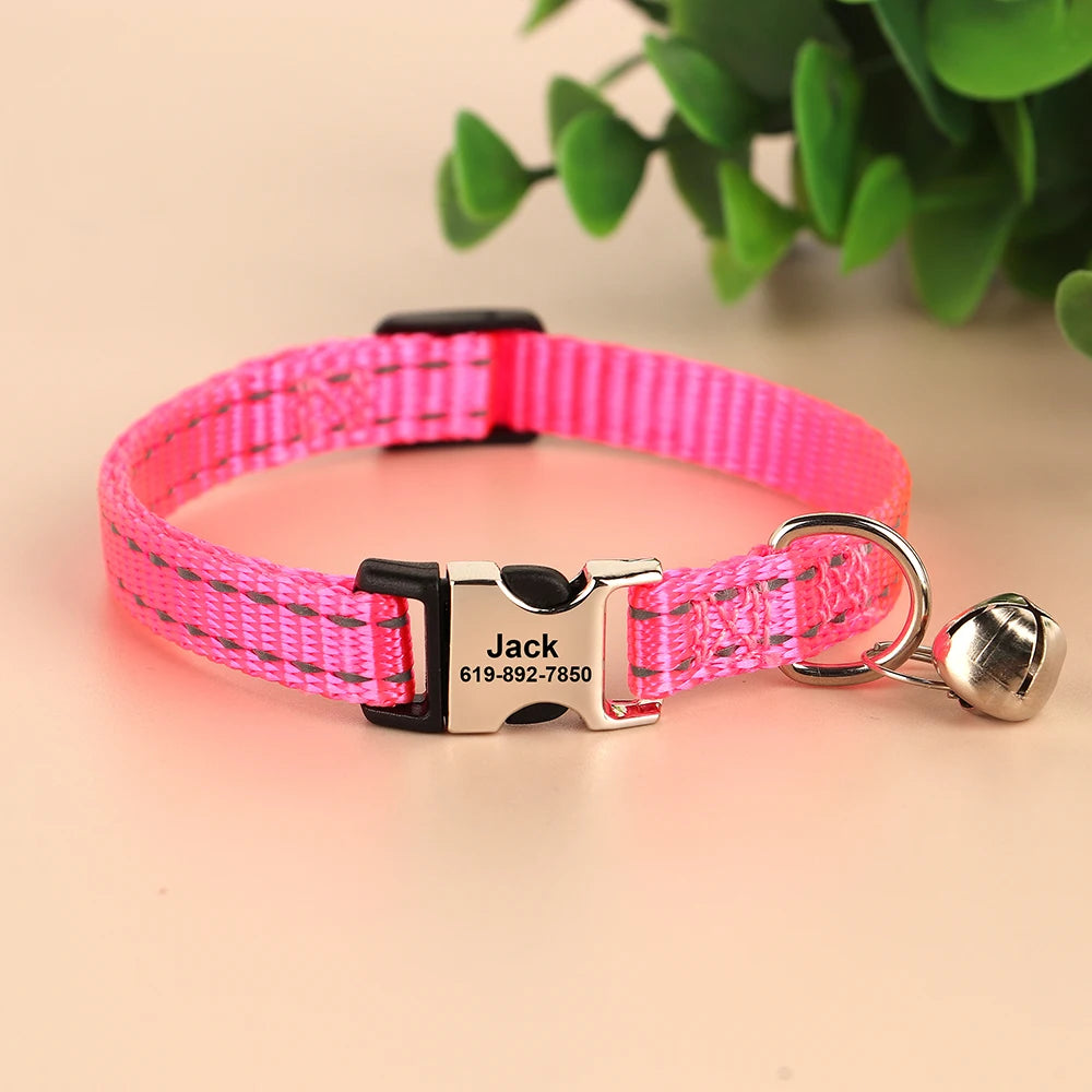 Reflective Personalized Nylon Dog & Cat Collar with Custom Engraved ID Tag & Bell – Adjustable Safety Collar for Small & Medium Pets