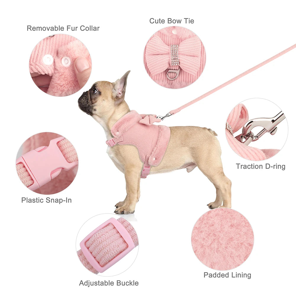 Soft Warm Dog Harness & Leash Set with Bowknot – Cute Vest Outfit for Small & Medium Dogs & Cats