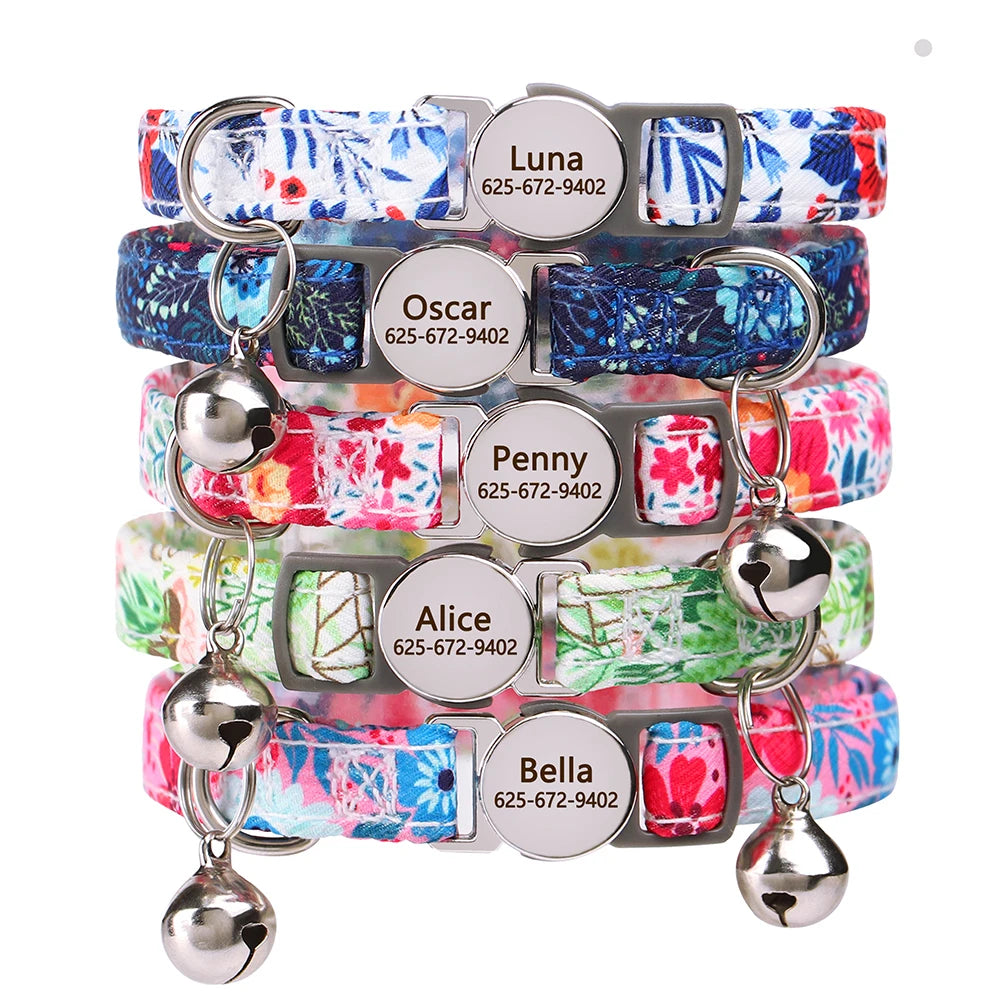 Personalized Cat/Puppy Collar with Engraved Nameplate & Bell – Adjustable Floral Design (Blue, Green, Pink, Red, Rose)