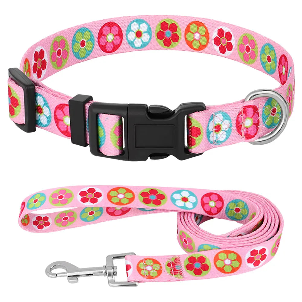 Cute Puppy Dog Collar & Leash Set – Adjustable Printed Nylon Collar with Matching Lead for Small Dogs & Cats (Flower/Bone/Striped Prints)