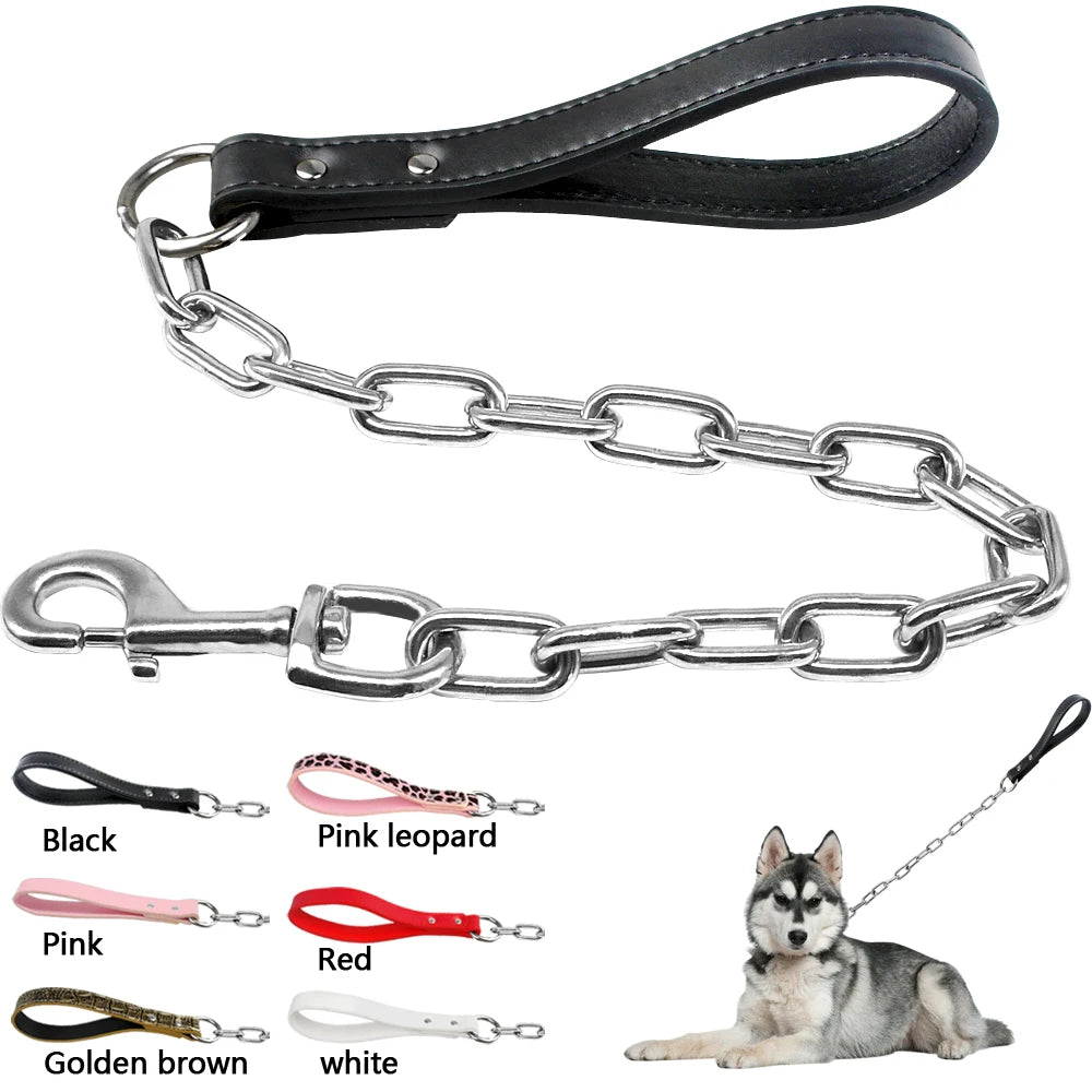 Durable Dog Chain Leash with Leather Handle – Heavy Duty Chrome Steel Pet Lead for Small & Large Dogs