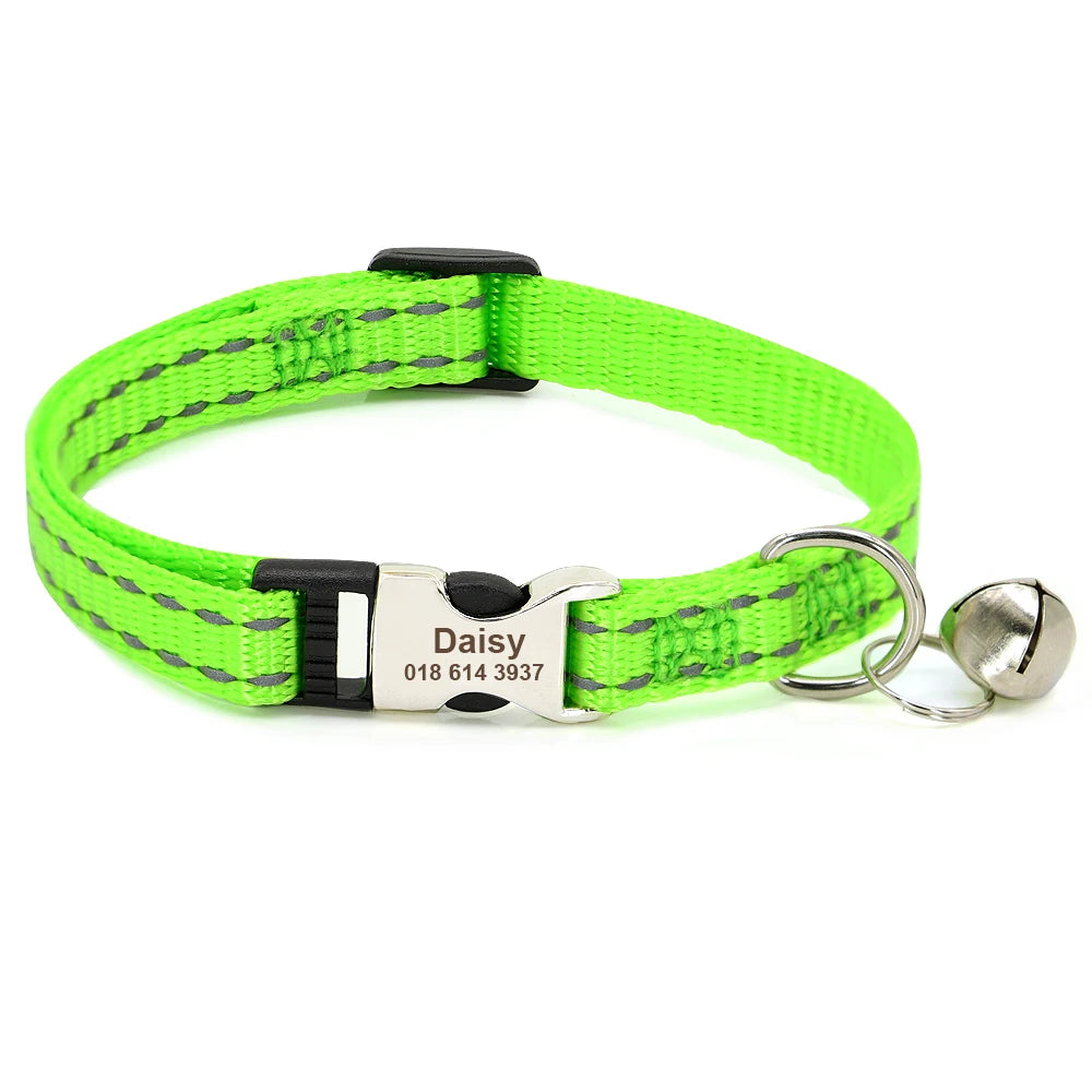 Personalized Pet Cat Collar Reflective Nylon Puppy Cat Collars Custom Engraved Pet Kitten Collar With Bell For Small Dogs Cats