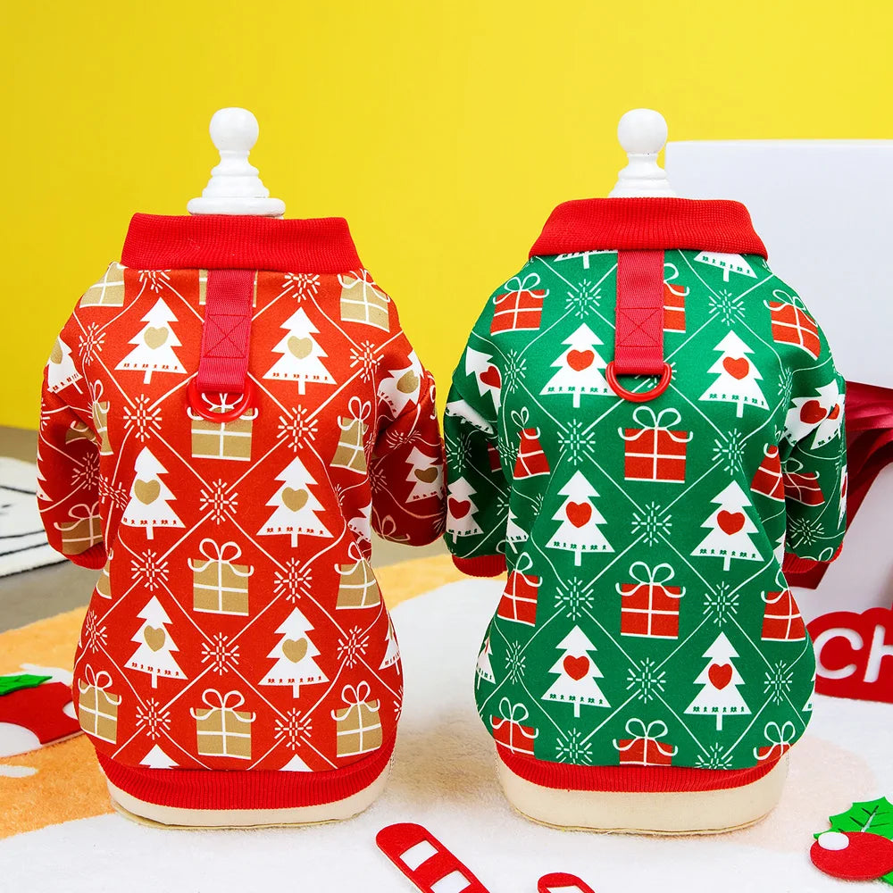 Christmas Dog T-Shirt – Holiday Outfit with Christmas Tree Pattern