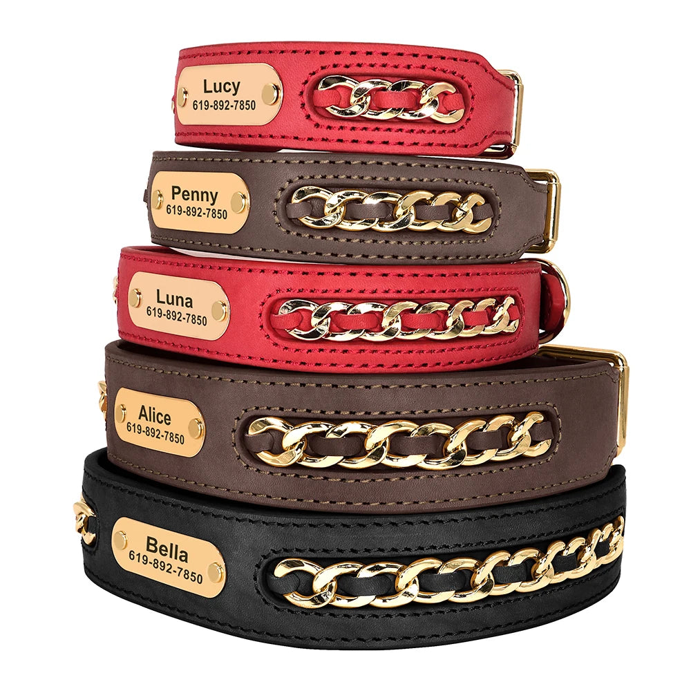 Personalized Leather Dog Collar – Custom Engraved Nameplate ID Tag for Small, Medium & Large Dogs