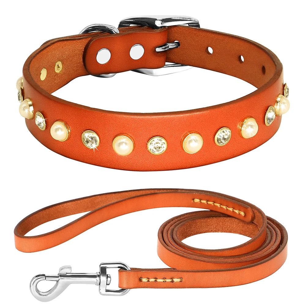 Genuine Leather Bling Collar & Leash Set – For Small & Medium Pets
