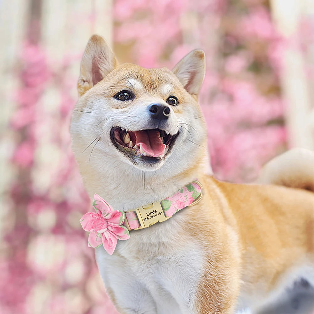 🌸 Personalized Floral Nylon Dog Collar with Free Engraving – Adjustable for Small, Medium, Large Dogs