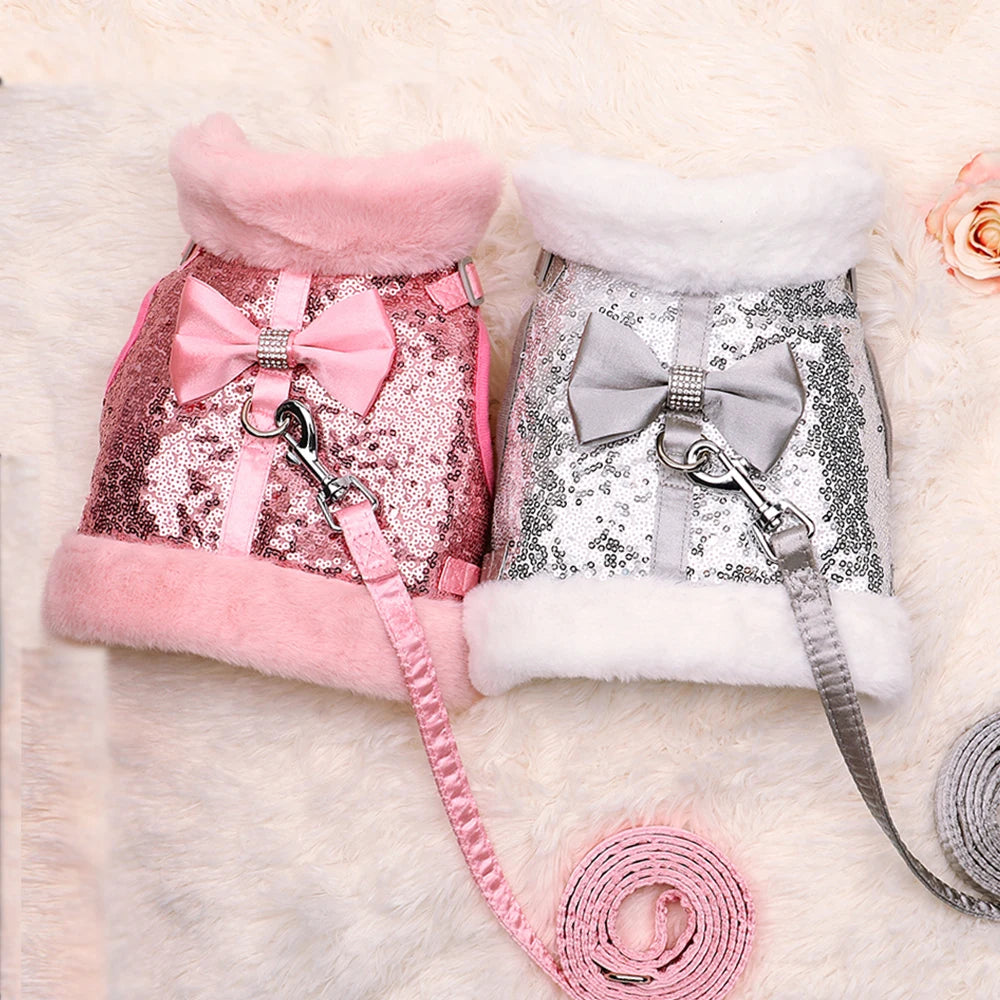 Warm Winter Dog Harness – Bling Rhinestone Fur Vest with Bowtie for Small & Medium Dogs and Cats