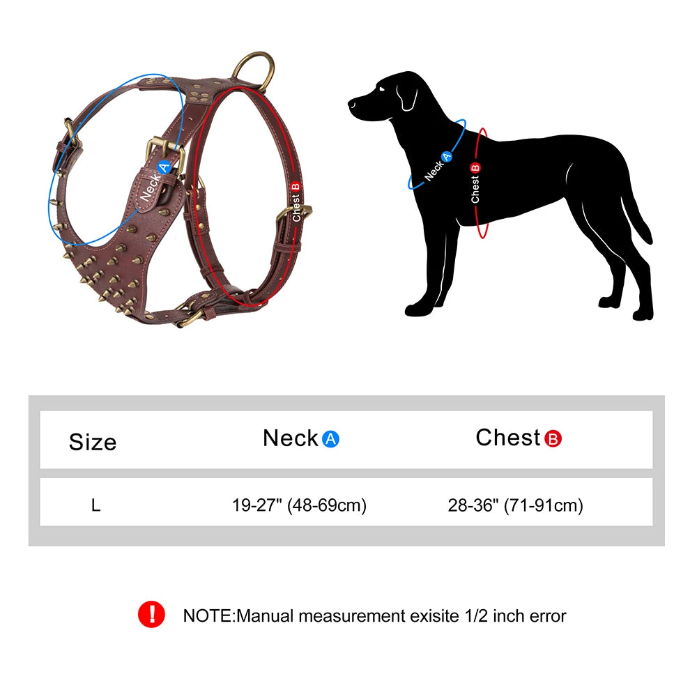 Durable Spiked Studded Genuine Leather Dog Harness – Training Vest for Large Dogs (Pitbull, Labrador, Bulldog)