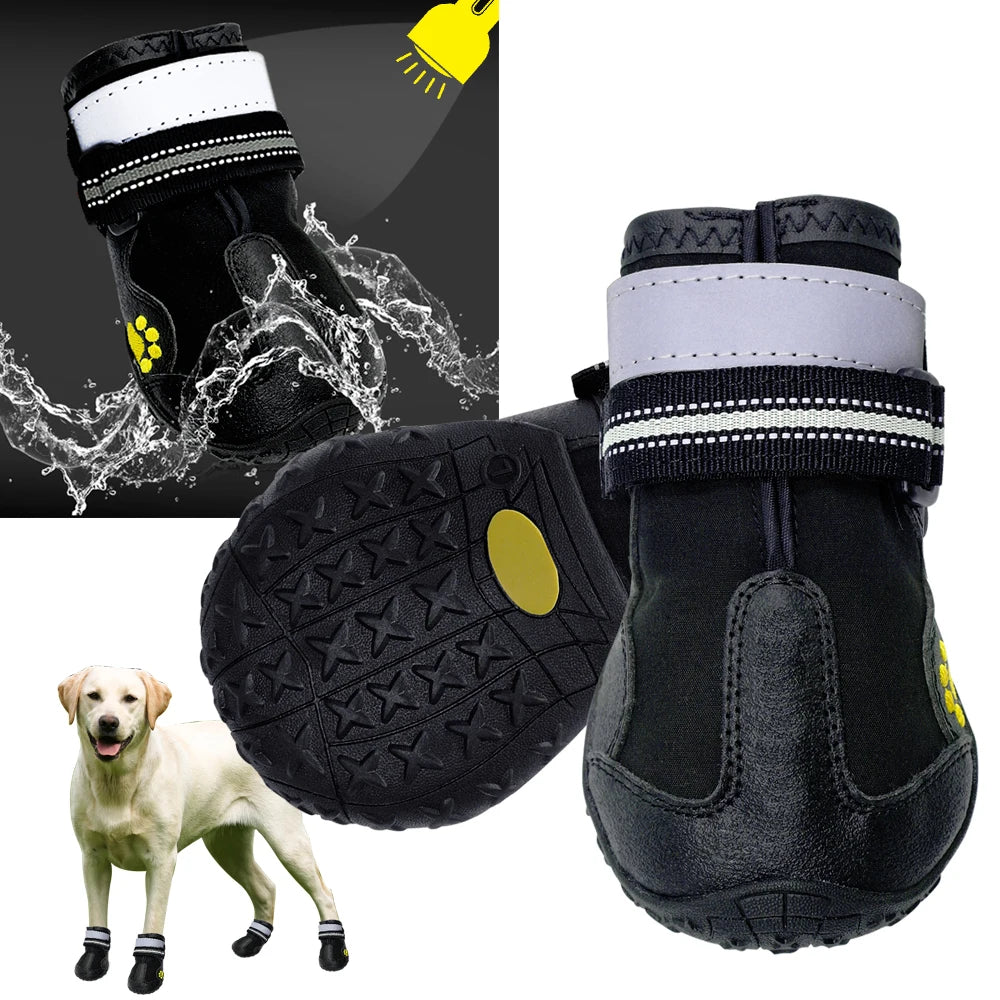4pcs Reflective Waterproof Dog Boots – Anti-Slip Snow & Rain Shoes for Medium & Large Dogs