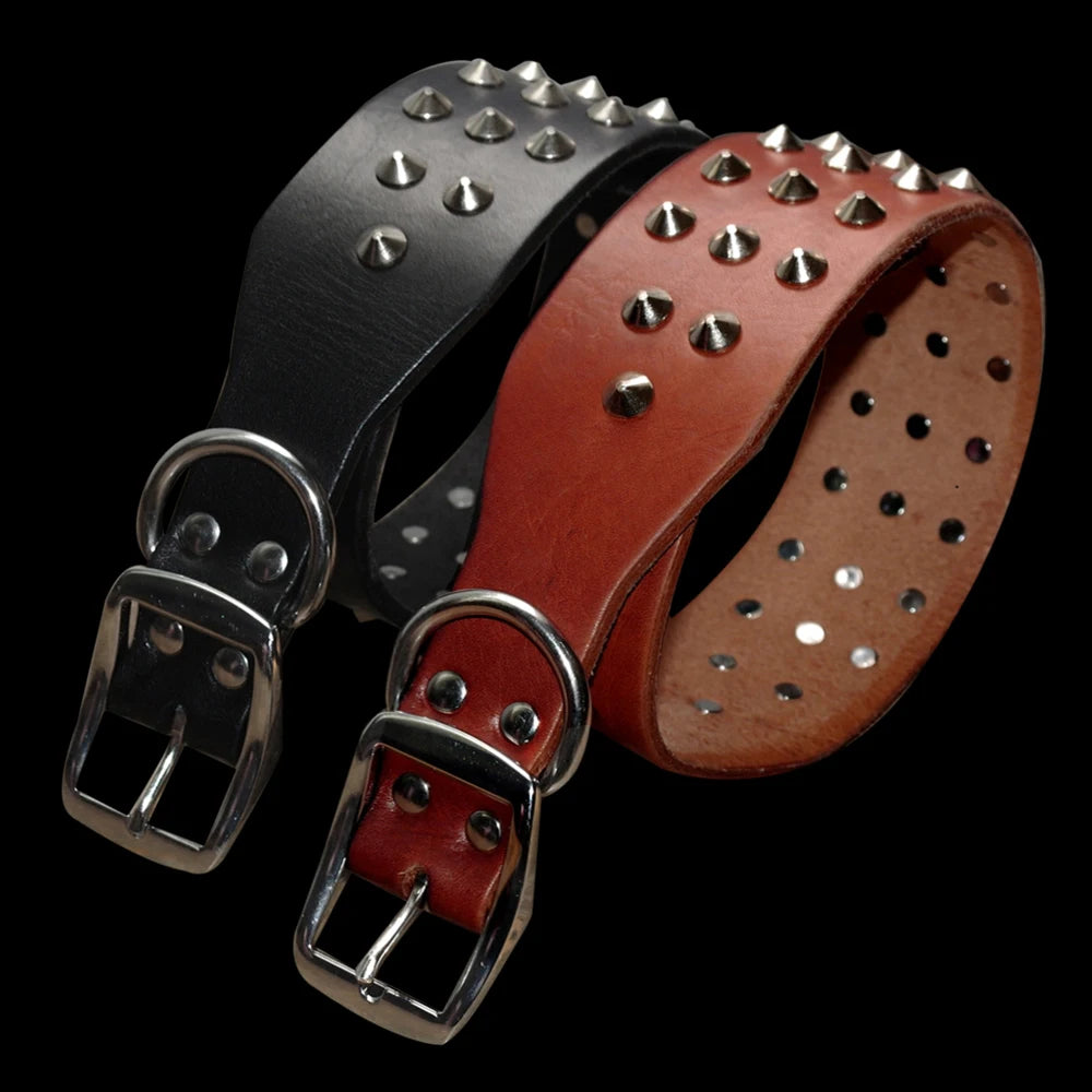 Spiked Studded Leather Dog Collar – Adjustable Anti-Bite Bulldog Collar for Small, Medium & Large Dogs
