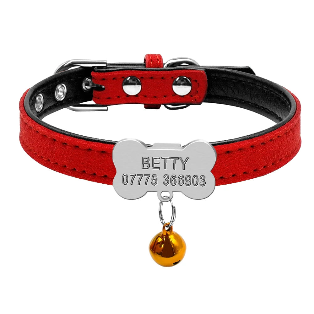 Personalized Leather Cat Collar – Custom Engraved Nameplate with Bell – Adjustable for Kittens, Cats & Small Dogs