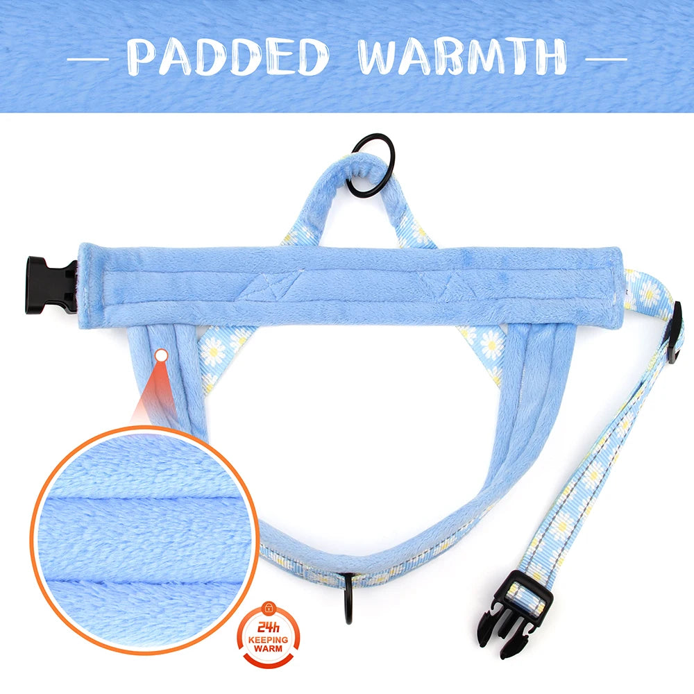 Winter Dog Harness No Pull Reflective Pet Dogs Vest Harness Warm Fur Padded Strap Harness for Medium Large Dogs Flower Print