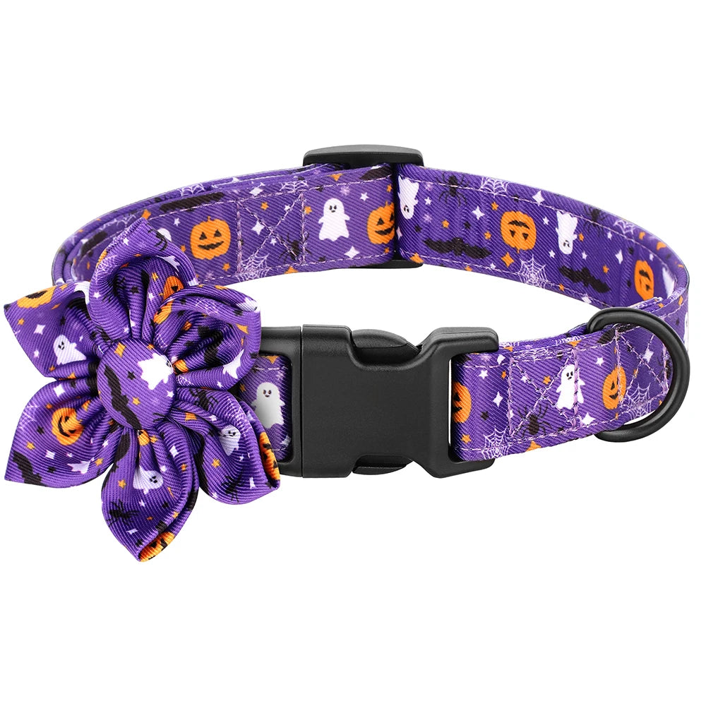 Halloween Nylon Dog Collar with Flower – Adjustable Pumpkin Pet Collar for Small Medium Large Dogs