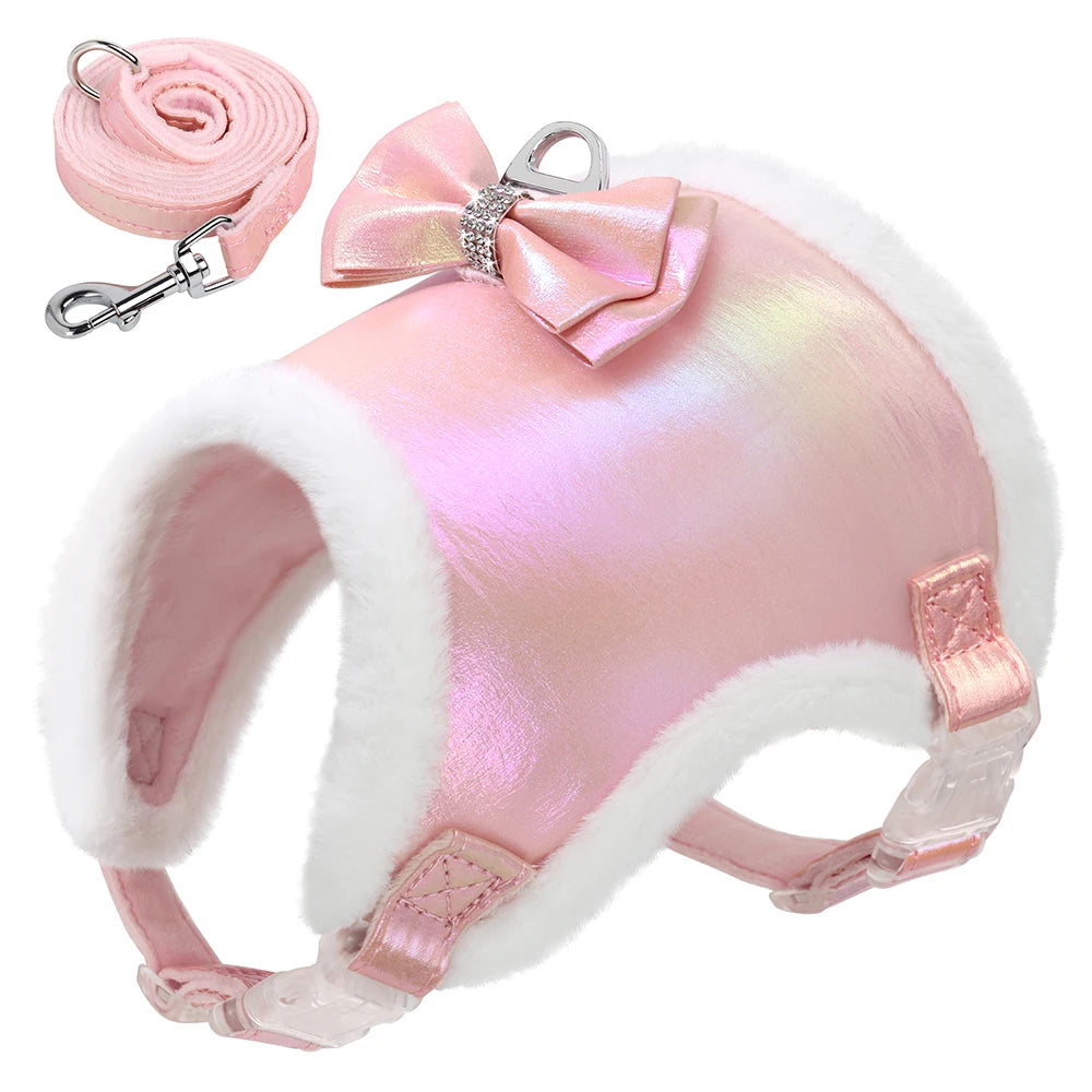 Winter Dog Harness & Leash Set with Fur Collar – Bling Bowtie Design for Small & Medium Dogs & Cats
