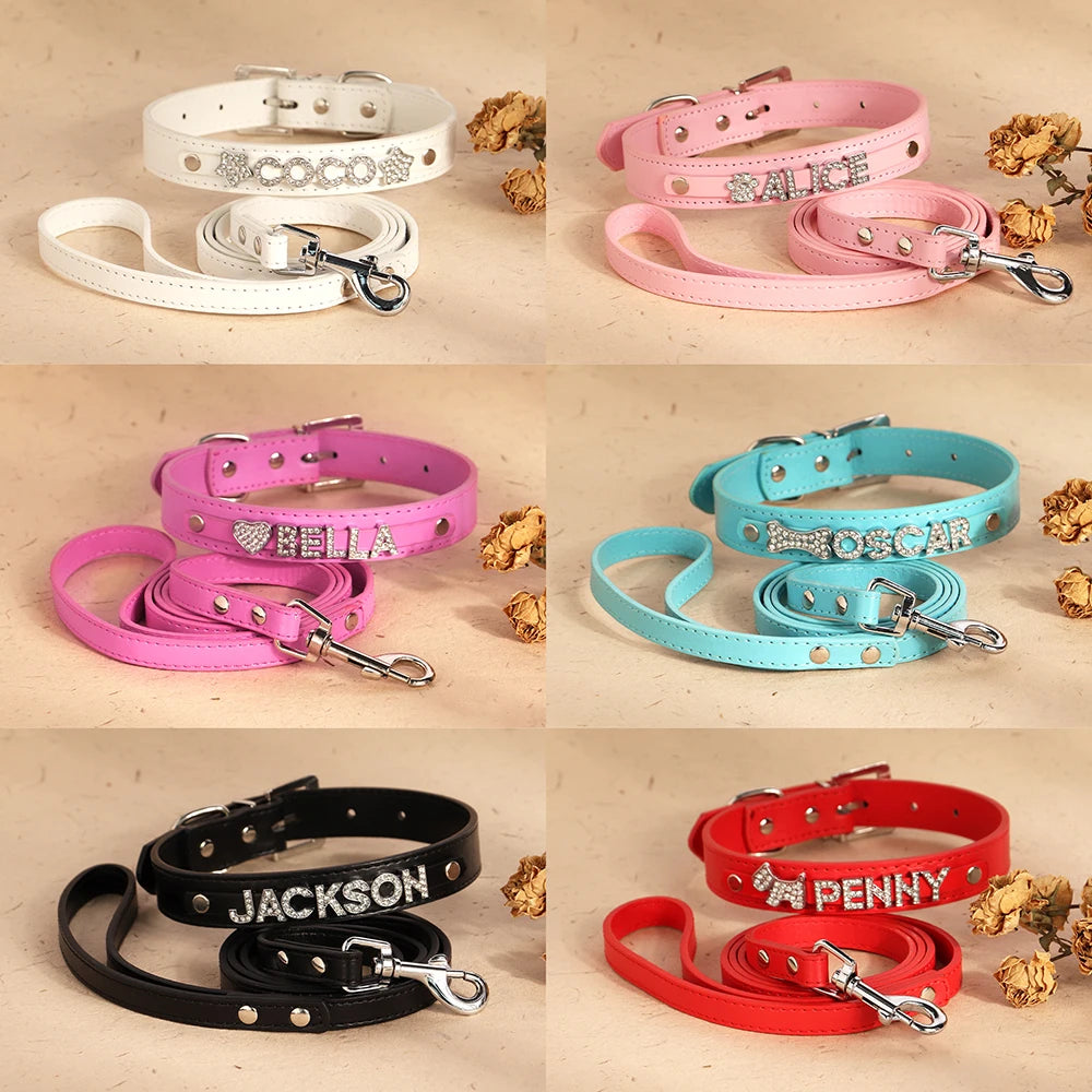 ✨ Personalized Bling Dog Collar & Leash Set – Custom Name with Rhinestones for Small & Medium Pets ✨