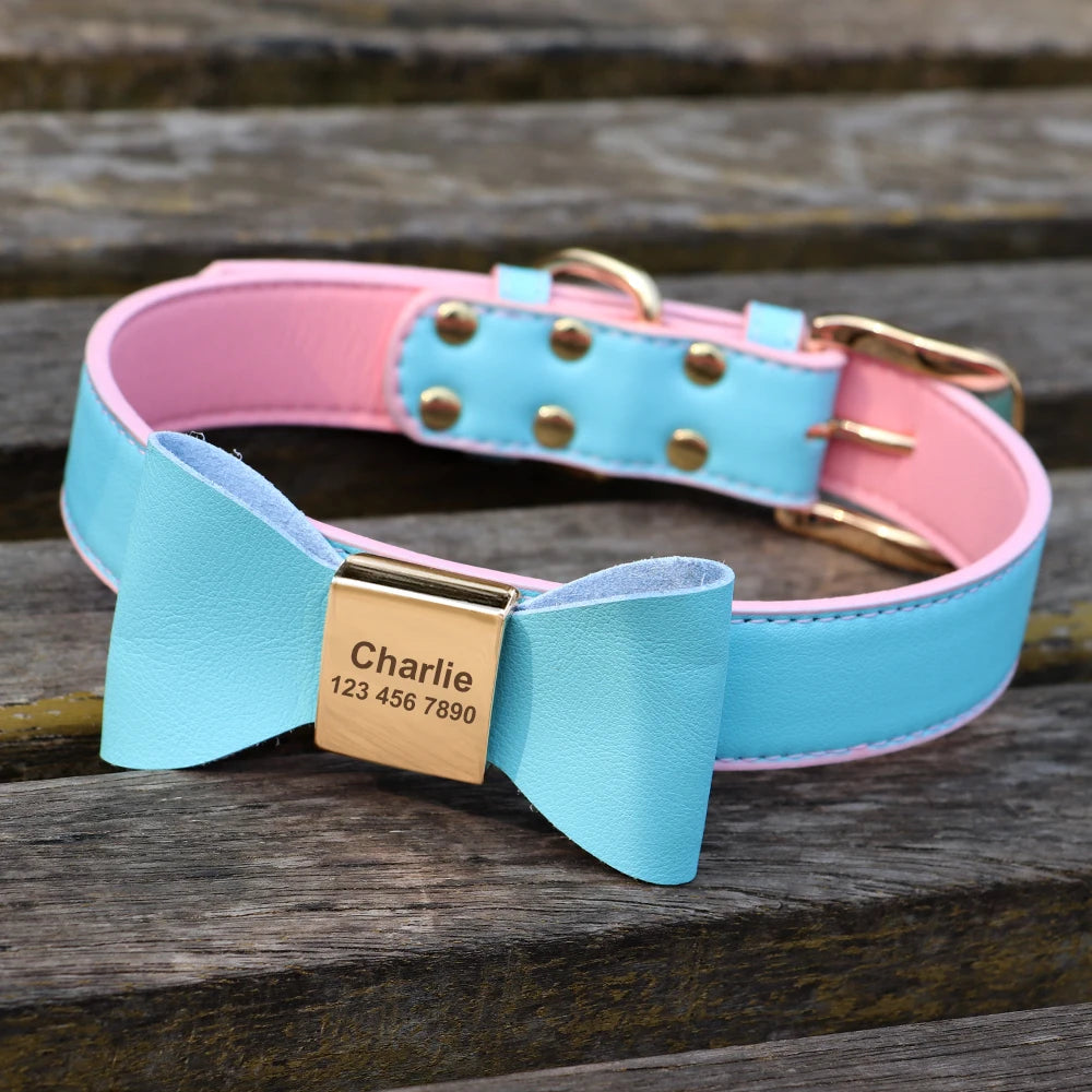 Personalized Dog Collar Customized Leather Pet ID Name Collar With Bowknot Free Engraved For Small Medium Dogs Cats Pet Supplies