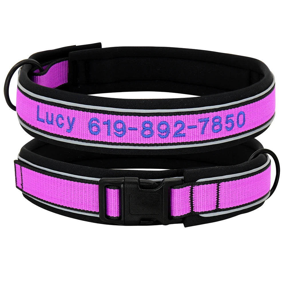 Personalized Embroidered Dog Collar – Reflective Nylon, Custom Name ID Tag – Small Medium Large Dogs