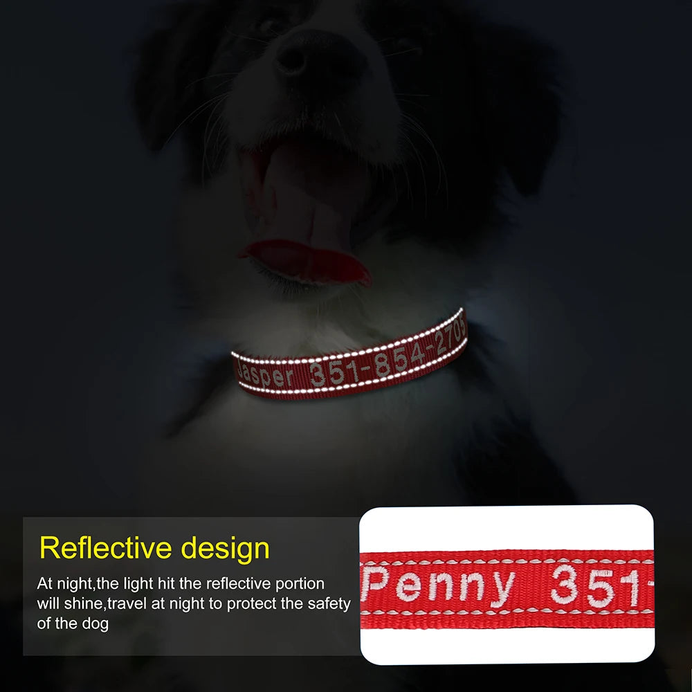 🦴 Custom Embroidered Reflective Dog Collar – Personalized Pet ID Name Nylon Collar for Small, Medium & Large Dogs