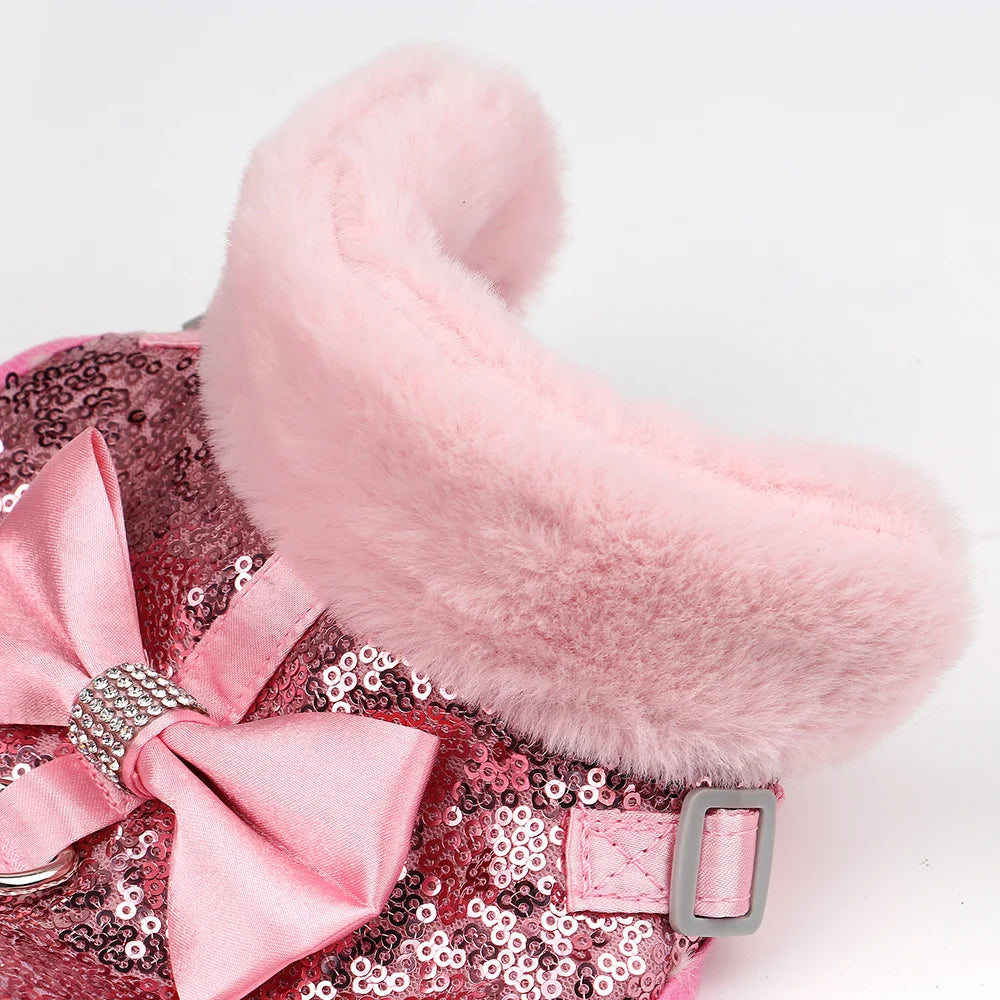 Warm Winter Dog Harness – Bling Rhinestone Fur Vest with Bowtie for Small & Medium Dogs and Cats