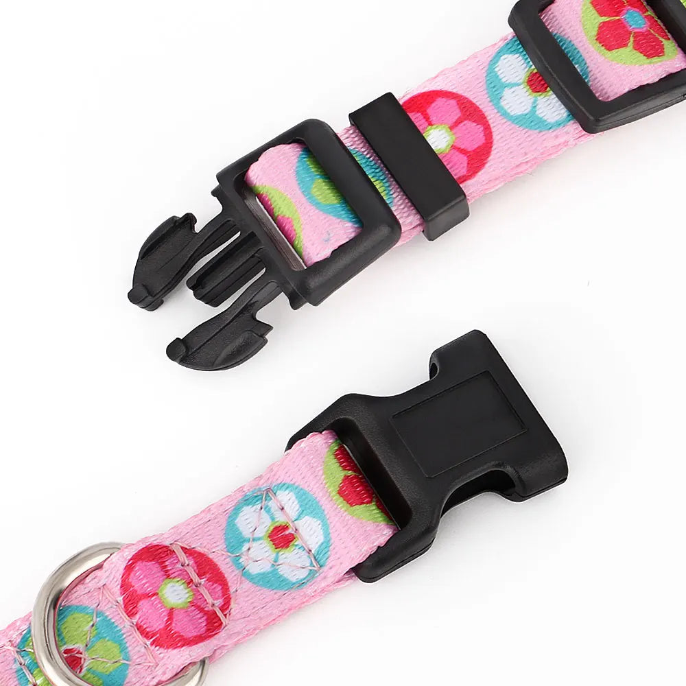 Cute Puppy Dog Collar & Leash Set – Adjustable Printed Nylon Collar with Matching Lead for Small Dogs & Cats (Flower/Bone/Striped Prints)