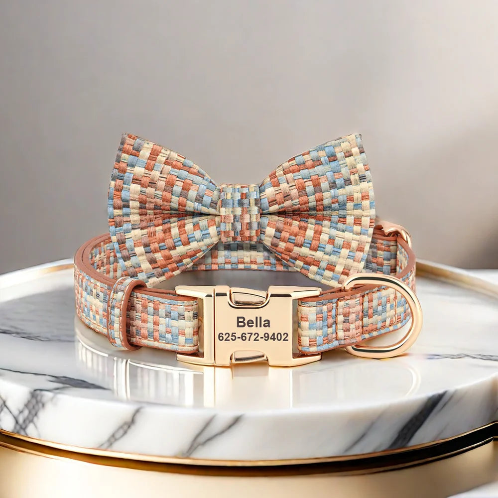 Custom Plaid Leather Dog Collar with Bow – Personalized Nameplate | Free Engraving | Small to Large Dogs