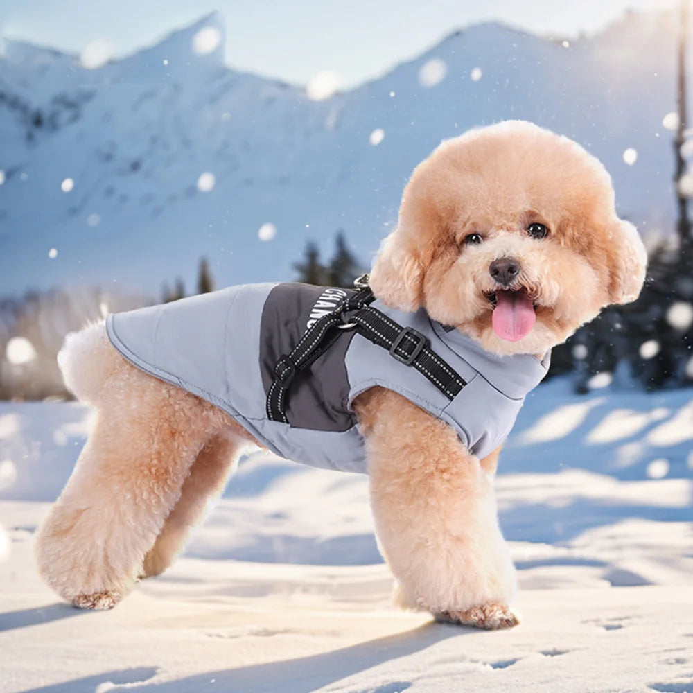 Waterproof Winter Dog Jacket with Built-In Harness & Reflective Belt