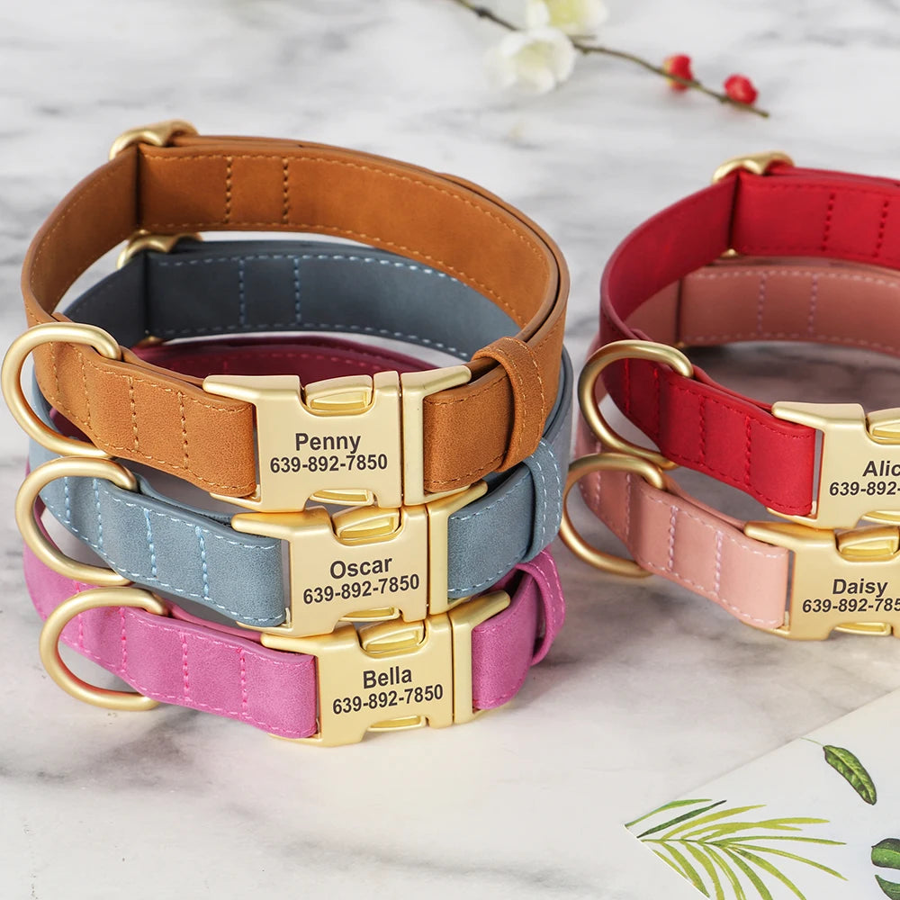 Custom Engraved PU Leather Dog Collar – Anti-Lost ID Tag Included