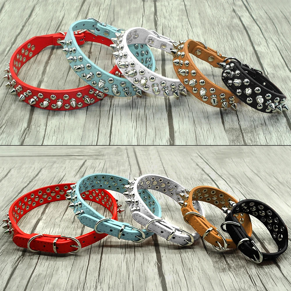 Spiked Studded Leather Dog Collar – Adjustable Anti-Bite Bulldog Collar for Small, Medium & Large Dogs