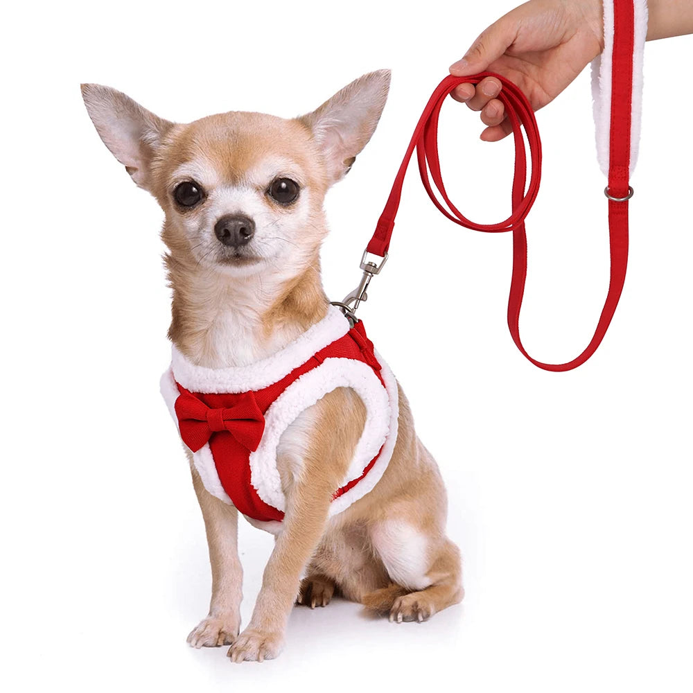 Winter Warm Dog Harness Leash Set – Soft Fleece Pet Vest with Bowtie for Small & Medium Dogs