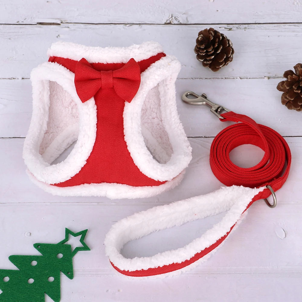 Winter Warm Dog Harness Leash Set – Soft Fleece Pet Vest with Bowtie for Small & Medium Dogs