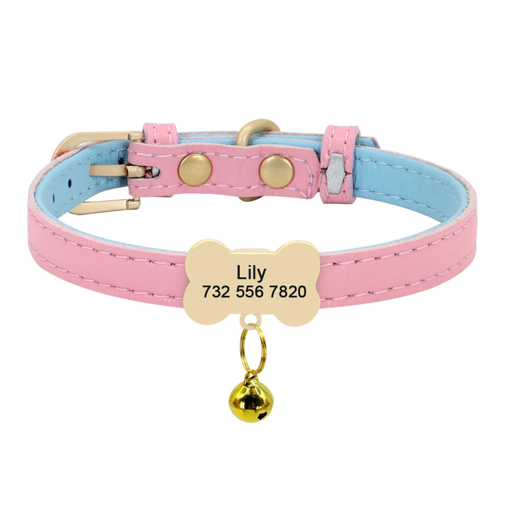 Personalized Leather Cat Collar – Custom Engraved Nameplate with Bell – Adjustable for Kittens, Cats & Small Dogs