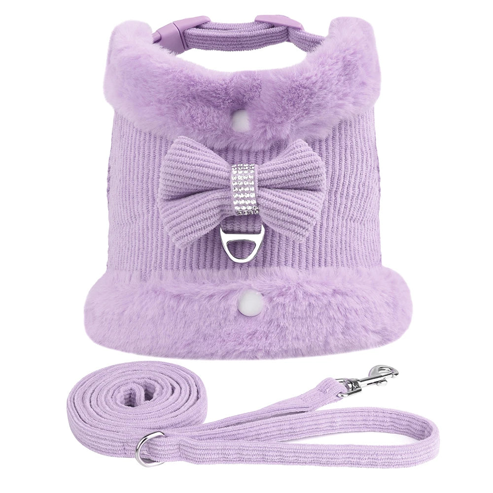 Soft Warm Dog Harness & Leash Set with Bowknot – Cute Vest Outfit for Small & Medium Dogs & Cats