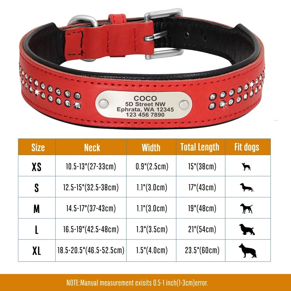 Personalized Dog Collar with Rhinestones – Custom Engraved Leather Pet ID Collar | Adjustable for Small, Medium & Large Dogs