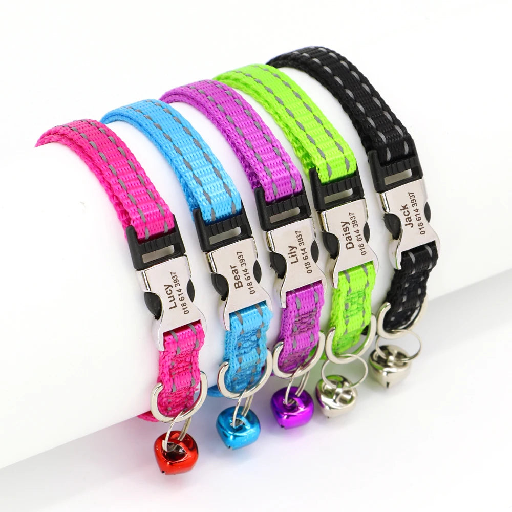 Personalized Pet Cat Collar Reflective Nylon Puppy Cat Collars Custom Engraved Pet Kitten Collar With Bell For Small Dogs Cats