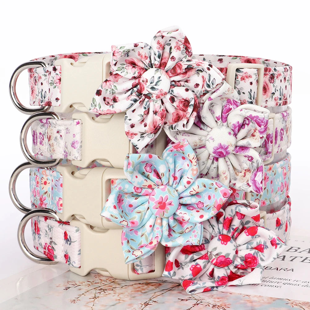 Fashion Floral Printed Nylon Dog Collar – Adjustable Spring Collar with Flower for Small & Medium Dogs (Pug, Chihuahua, Frenchie)