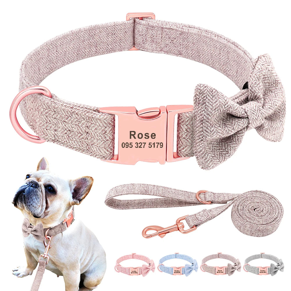 Customized Dog Collar & Leash Set – Personalized Pet Collars with Bowtie & Free Engraving