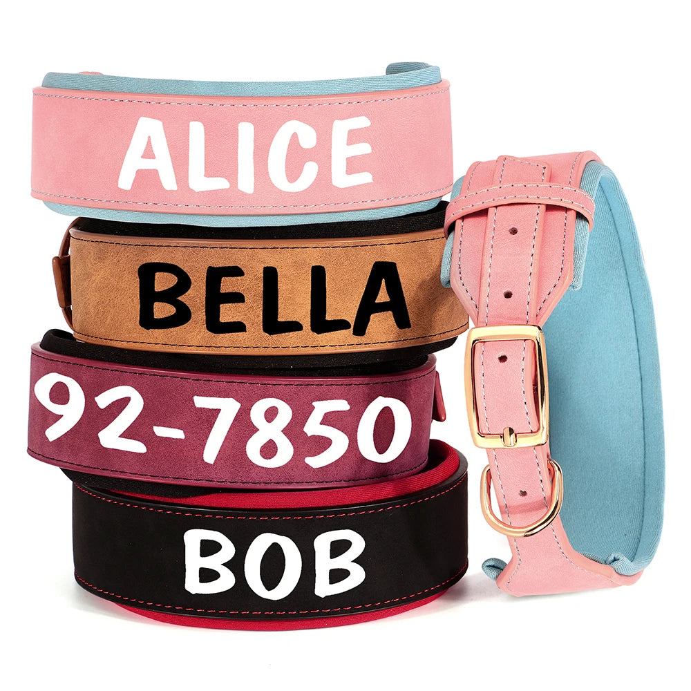Custom Print Dog Collar – Wide Soft Padded PU Leather Name Collar for Medium & Large Dogs (Free Personalized Print)