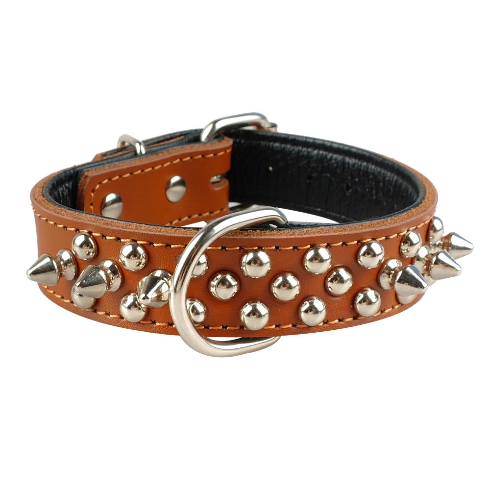 Spiked Studded Leather Dog Collar – Adjustable Anti-Bite Bulldog Collar for Small, Medium & Large Dogs