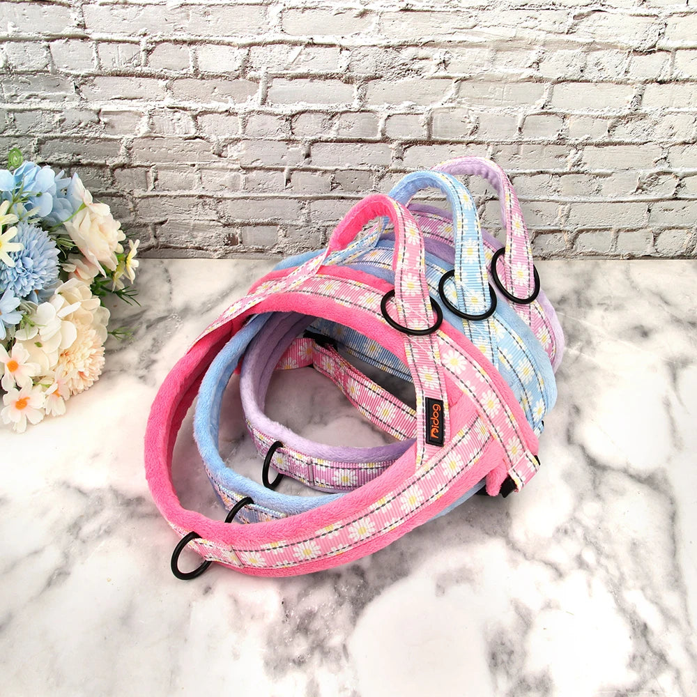 No Pull Reflective Dog Harness Winter Pet Dogs Vest Harness Warm Fur Padded Strap Harness for Medium Large Dogs Flower Print