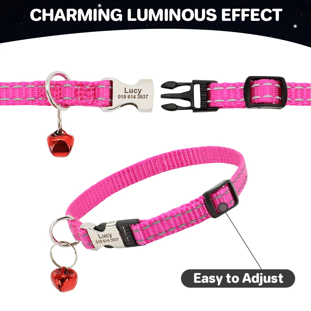 Personalized Pet Cat Collar Reflective Nylon Puppy Cat Collars Custom Engraved Pet Kitten Collar With Bell For Small Dogs Cats