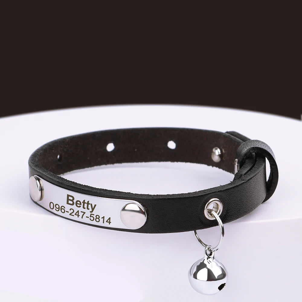 Personalized Leather Cat Collar – Adjustable Kitten & Puppy Collar with Free Engraved ID Tag