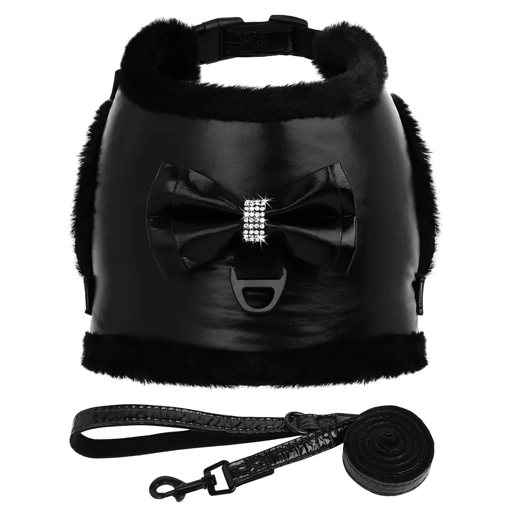 Winter Dog Harness & Leash Set with Fur Collar – Bling Bowtie Design for Small & Medium Dogs & Cats