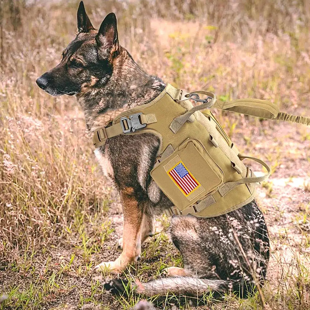 Tactical Military Dog Harness, Collar & Leash Set – Durable MOLLE Training Vest with Pouches & Flag for Large Dogs